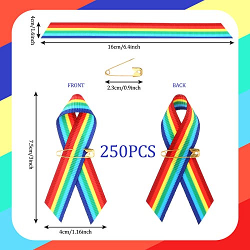 Image of Ribbon Rainbow Pins Gay Pride Ribbon with Safety Pins Bulk, Satin Lgbtq Pin for Pride Parades, Gay Satin for Women Men Clothes Bag Decoration, 6.3 x 0.5 Inch(250 Pieces)