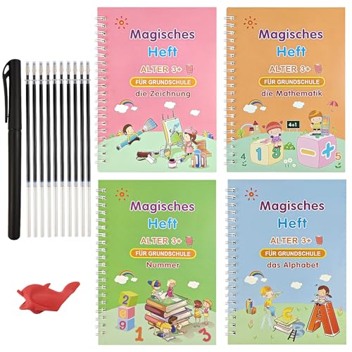 XWCHASA 4 Stück Deutsch Magisches Heft mit Stift, Wiederverwendbar Handschrift Nachziehen, 19x13cm Magische Übungshefte für Kinder Kalligraphie, Zahlen, Zeichnung, Mathe, Briefe, Kalligraphie