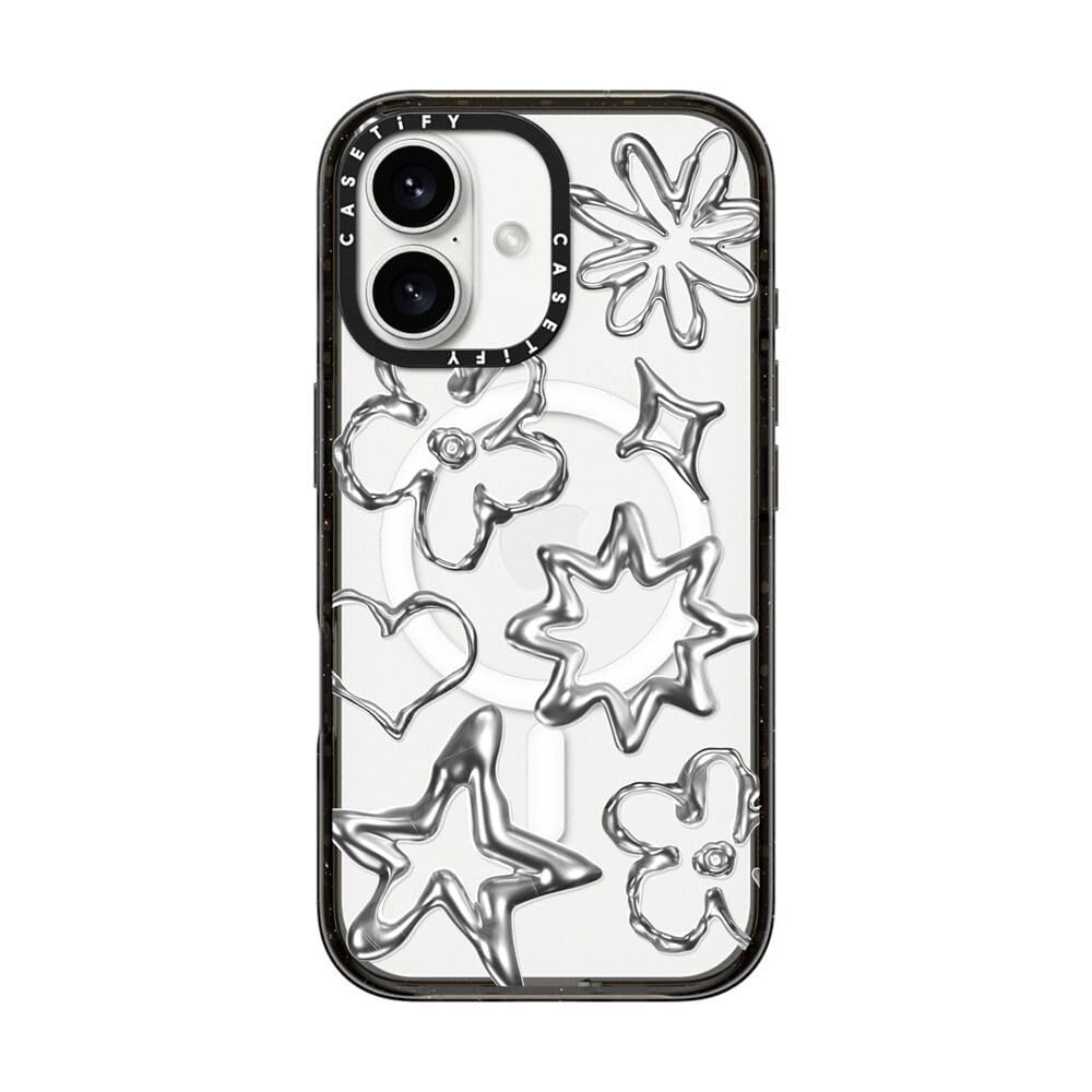 CASETiFY インパクト MagSafe対応 iPhone 16 ケース [スリム / 2.5mの落下試験をクリア (MIL規格4倍相当) / ワイヤレス充電およびMagsafe対応] - Chrome Doodles - クリア ブラック