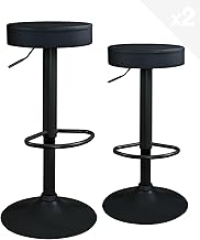 KAYELLES Set of 2 Round Bar Stools Black Faux Leather without Backrest, Adjustable Height, Foot Rest, 360° Swivel Black Foot YO (Full Black)