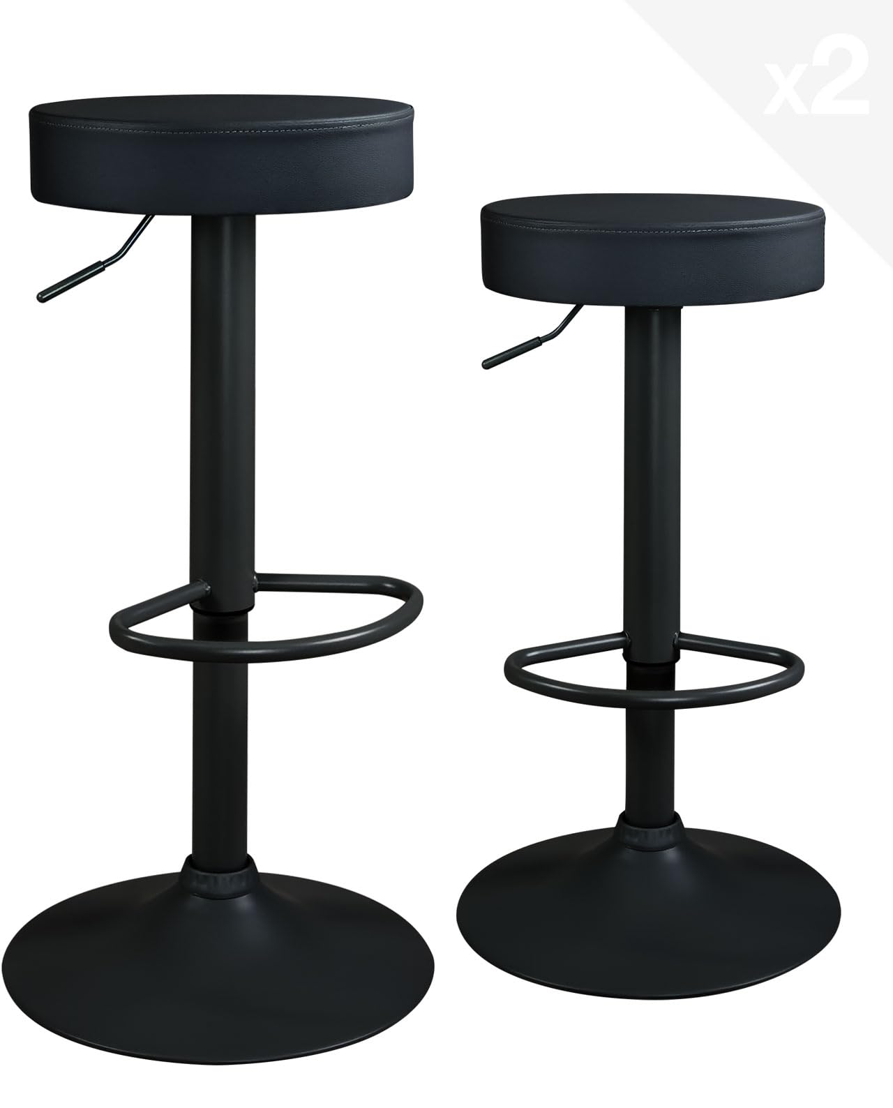 Kayelles Juego de 2 Taburetes de Bar, Asiento Redondo Gris de Cuero sintético, sin Respaldo, Altura Ajustable, reposapiés, giratorios 360°, pie Gris YO (Negro Integral)