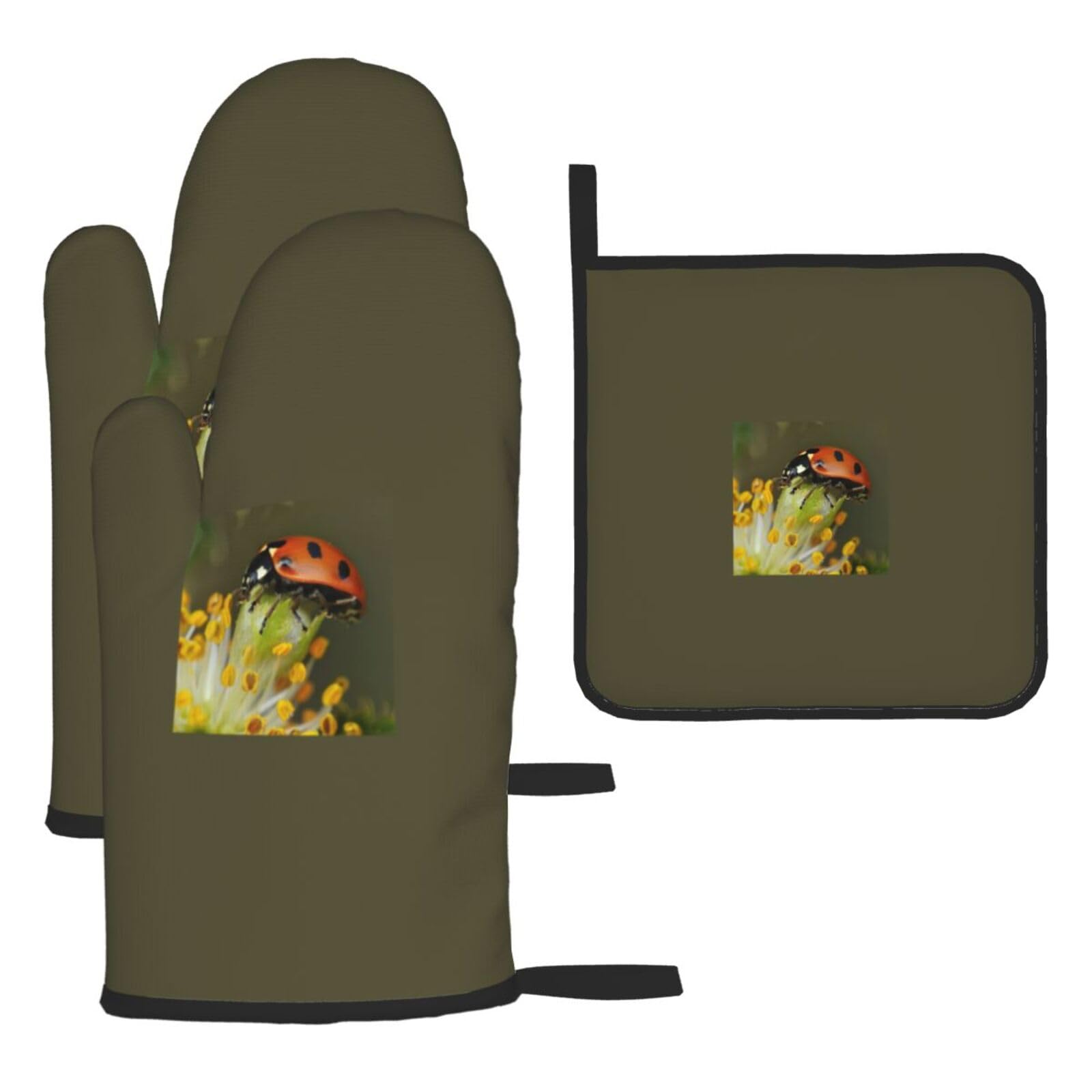 Ladybug Print Oven Kitchen Gloves For Baking Outdoor Grilling Home Use Mitts Microwaving Bbq