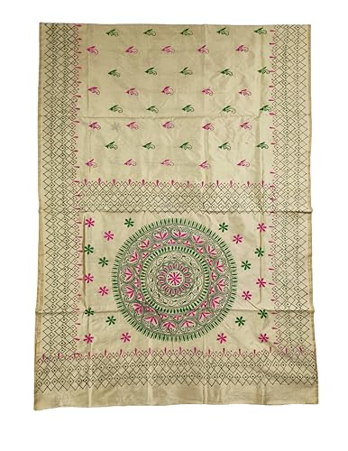 Image of SHRISTI CLOTHINGS Women's Hand Embroidered Cotton Silk Kantha Stitch Saree with Blouse Piece (SB420324 SWD56)