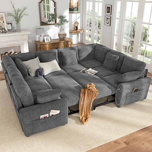 Image of Hanherry Sectional Sofa with Pull Out Couch Bed,8 Seat Corduroy Sleeper Sofa with 2 Seat Storage & USB Charging,Comfy Modular Couches for Living Room,Apartment