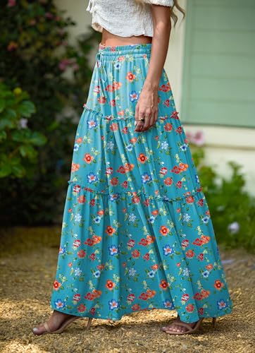 Image of Lepunuo Womens Casual Boho High Waisted Flowy Maxi Skirts Tiered Floral Long Skirts with Pockets for Summer Beach Vacation
