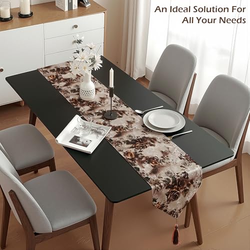 Image of Kuber Industries 68x16 Inch Jute Table Runner for Party, Wedding and Family Dinners | Reusable Centre and Dining Table Runner | Flower Print - Brown