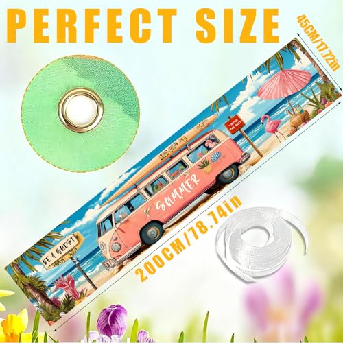 Image of 78.7 x 17.7 Inch Summer Banner Pink Retro Camper Van Beach Ocean Surfboard Flamingo Yard Decorations Seasonal Outdoor Decor Fence Sign