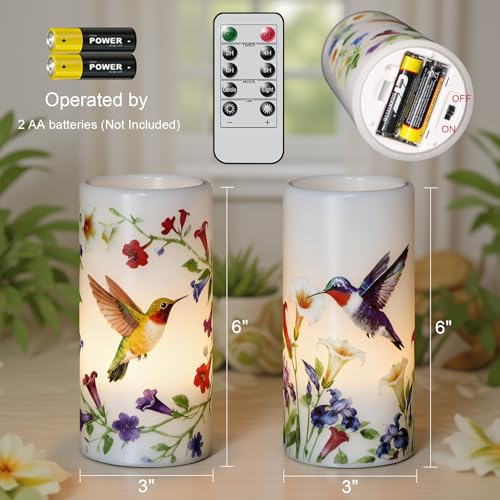 Image of Flameless Candles with Remote Timer, Hummingbird Floral LED Pillar Candles in Real Wax Holder, Battery Operated Candle for Easter Spring Decorations(2 Pack, 3 inch x 6 inch)