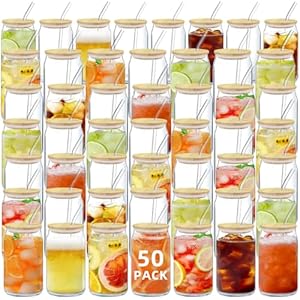 50pcs Glass Cups With Lids and Straws,16 oz Drinking Glasses,Beer Can Shaped Glasses,Iced Coffee Cups,Cute Tumbler,Beer Cup,Baby Shower,for Vegetable Juice,Milk Whiskey,Cocktail