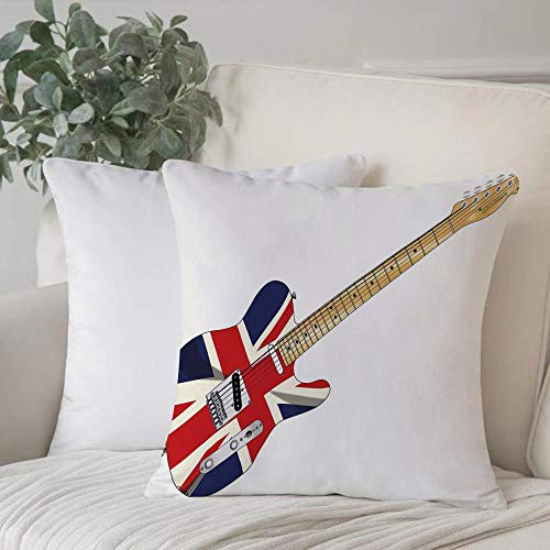 Taie d’Oreiller 45 x 45 cm,Union Jack, Guitare électrique classique, drapeau britannique, Grande-Bretagne, instrument de musique déc,avec Fermeture à glissière Invisible pour Lavable Housse de Coussin