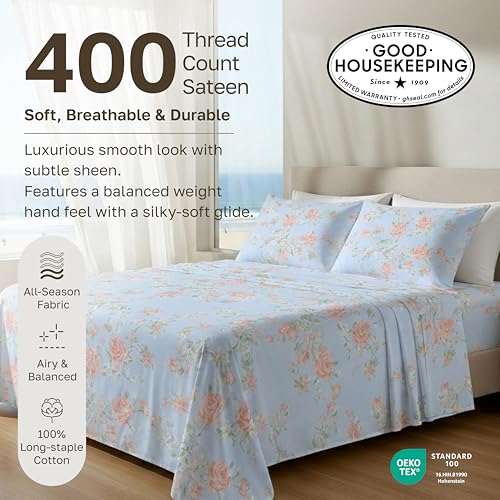 Image of California Design Den Soft Cotton Bed Sheets Cal King Size Set, 400 TC Good Housekeeping Award Winner, Smooth Sateen Finish with Deep Pockets, Cozy and Durable Cotton Bedding Set - Floral Blue /Pink
