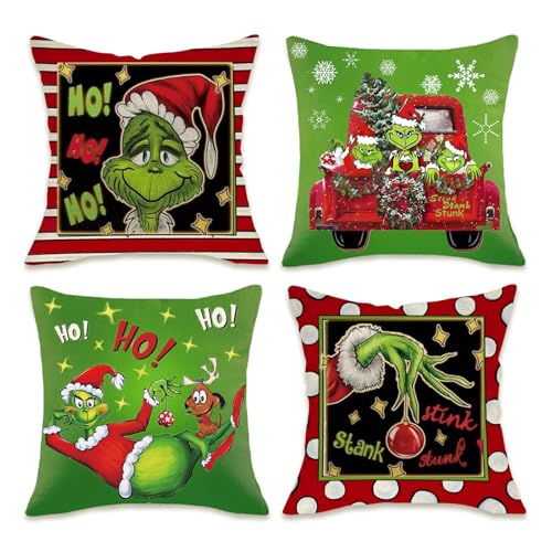 Christmas Pillow Covers Set of 4 for Decoration - 18x18 Throw Pillow Case for Farmhouse Home Sofa Bed Indoor Winter Holiday (Green)