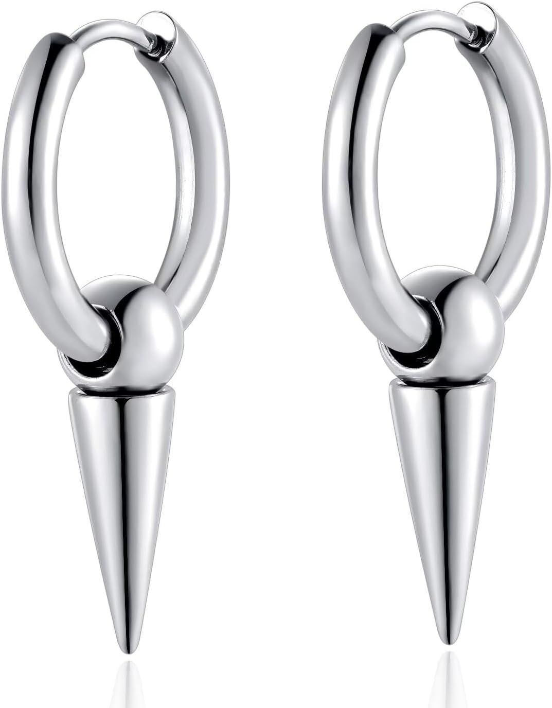 Dangling Spike Cone Huggie Hinged Hoop Earrings for men, Stainless Steel, Cool Punk Rock Hip-pop Style