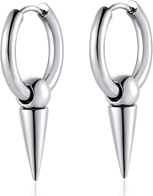 Dangling Spike Cone Huggie Hinged Hoop Earrings for men, Stainless Steel, Cool Punk Rock Hip-pop Style