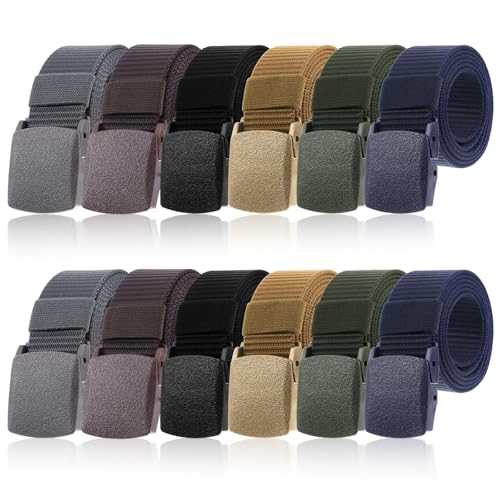 Molain 12 Pack Men's Nylon Belts, Nylon Webbing Canvas Belt Belt for Men Women Plastic Buckle Metal Free Webbing Canvas Work Belts for Outdoors, Hiking Casual, 47inch Length (6 Colors)