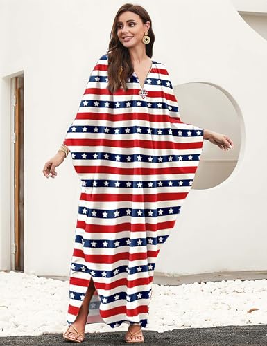 Image of MAKABO Kaftan Dresses for Women, V Neck Moo Moos Colorful Print Cover Ups Caftan Beach Dresses for Swimwear