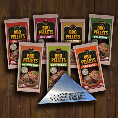 Lumber Jack BBQ Pellet 7 Varieties Pack - 1 Pound Bags - 100 Percent (Apple, Cherry, Pecan, Hickory, Maple-Hickory-Cherry, Mesquite and Maple) with Wedgie