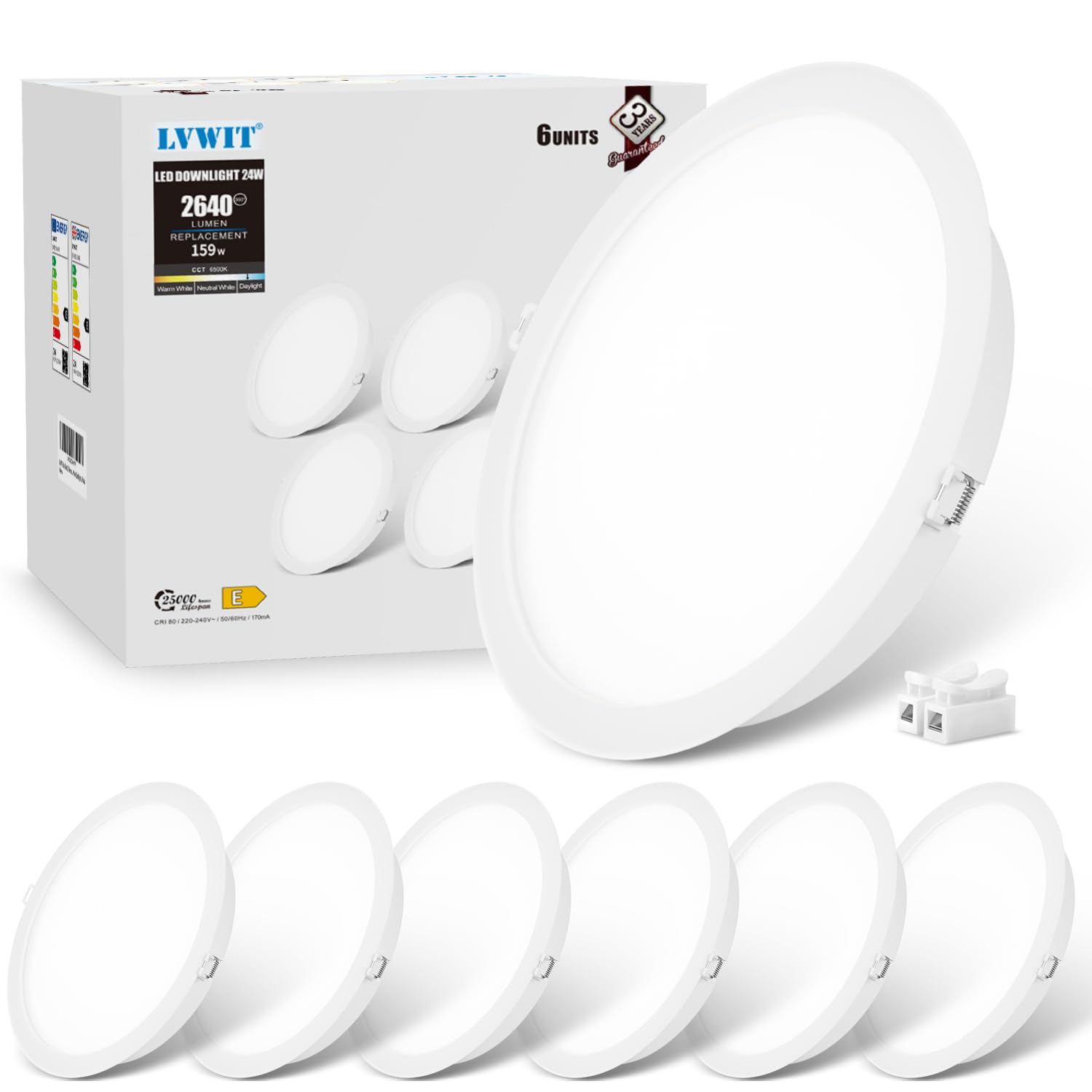 LVWIT Reflektor sufitowy LED do zabudowy, 24 W, reflektory sufitowe, odpowiednik 159 W, 6500 K, zimna biel, φ223 mm, oświetlenie do kuchni, salonu, korytarza, IP20, 6 sztuk