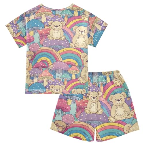 ALAZA Mushroom Bear Rainbow Retro Pajamas Short Sleeve 2 Piece Sleepwear Top and Bottom Pajama Set Unisex2