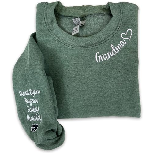 NAZENTI Custom Embroidered Grandma Sweatshirt with Kids Name on Sleeve, Mothers Day Shirts, Grandma