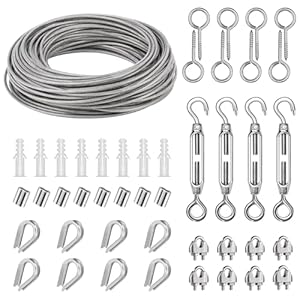 3mm corde en acier inoxydable 35m,kit de cable acier suspendre,304 câble en acier inoxydable kit avec tendeur crochet,pour fil à linge, treillis plante grimpante, cable suspension luminaire