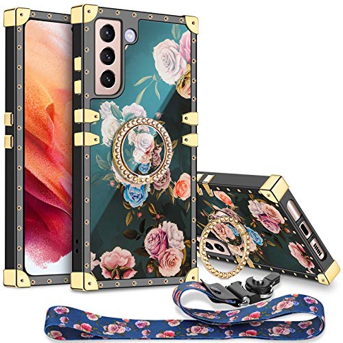 Aemotoy Compatible with Galaxy S21 5G Case Floral Cute with Ring Holder Grip Lanyard Girly Reinforced Corners Protective Shell Flexible TPU Shockproof Cover for 6.2 inch S21 Peony