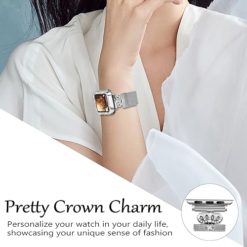 Magnetic Band Compatible with Apple Watch 38mm 40mm 41mm 42mm 44mm 45mm 46mm Stainless Steel Metal Strap with Bling Case and Built-in Screen Protector, Dressy Milanese Loop iWatch Bands for Women