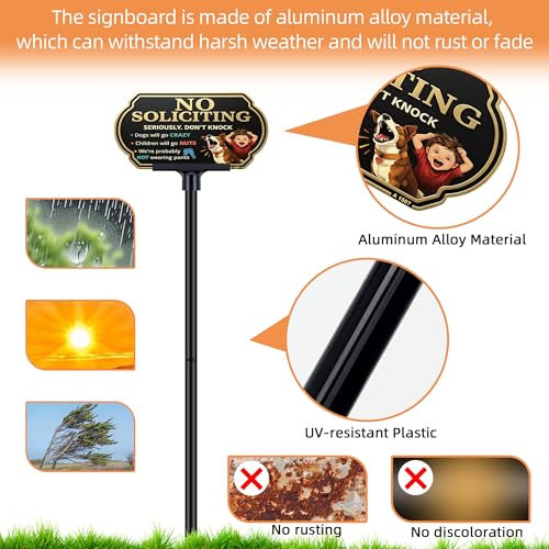 Image of Funny No Soliciting Sign for House with Adjustable 37 inch Stake, Dogs & Kids are Crazy Private Property Sign for Yard, 10x5 inch Rust-Free Aluminum, UV Protected for Lawn and Home