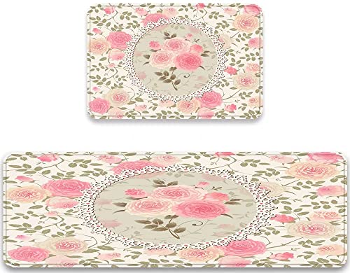 Vintage Floral Shabby Chic Roses Lace Frame Kitchen Rug Set 2 Piece Pink Flower Bouquet With Green Leave Comfort Floor Mats Washable Doormat Anti Fatigue Non-Slip Chef Runner Rugs Bedroom Area Carpet #TOP7