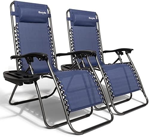 Bonnlo Infinity Zero Gravity Chair, Outdoor Lounge Patio Chairs with Pillow and Utility Tray Adjustable Folding Recliner for Deck,Patio,Beach,Yard Pack 2 (Blue)