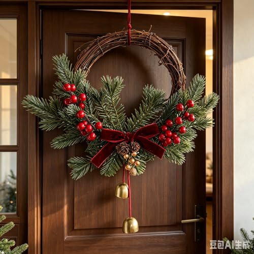 14 Inch Artificial Red Berries & Ribbons Christmas Wreath for Front Door (Red) - image 4