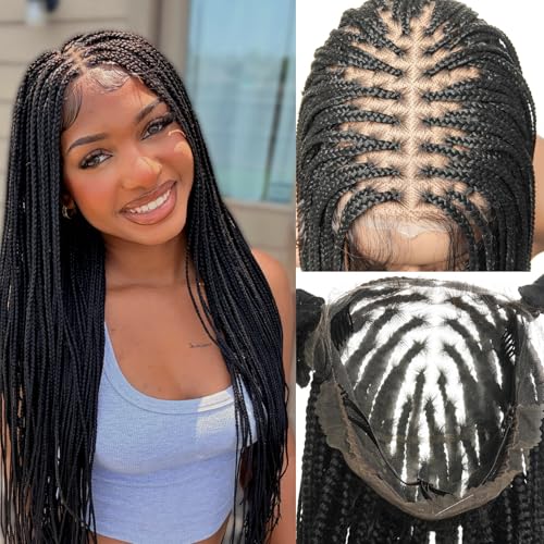 JALIZA 36' Knotless Micro Box Braided Wig for Black Women - 200 Strands Synthetic Braids Pre Cut Real Swiss HD Full Lace with Human Hair Baby Hair - Black 1B