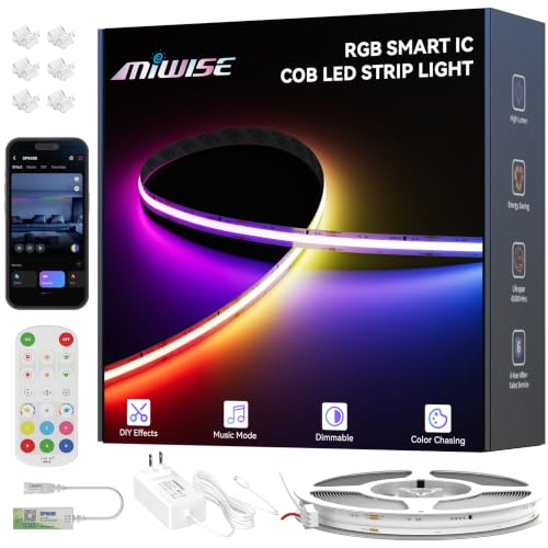 Image of MIWISE LED Strip Lights,RGB Smart IC COB LED Strip Light Color Chasing,24ft Multicolor Flexible LED Tape Light,Music Sync with APP Control,Addressable DIY 16M Colors,for Cabinet,Bedroom,Party Decor