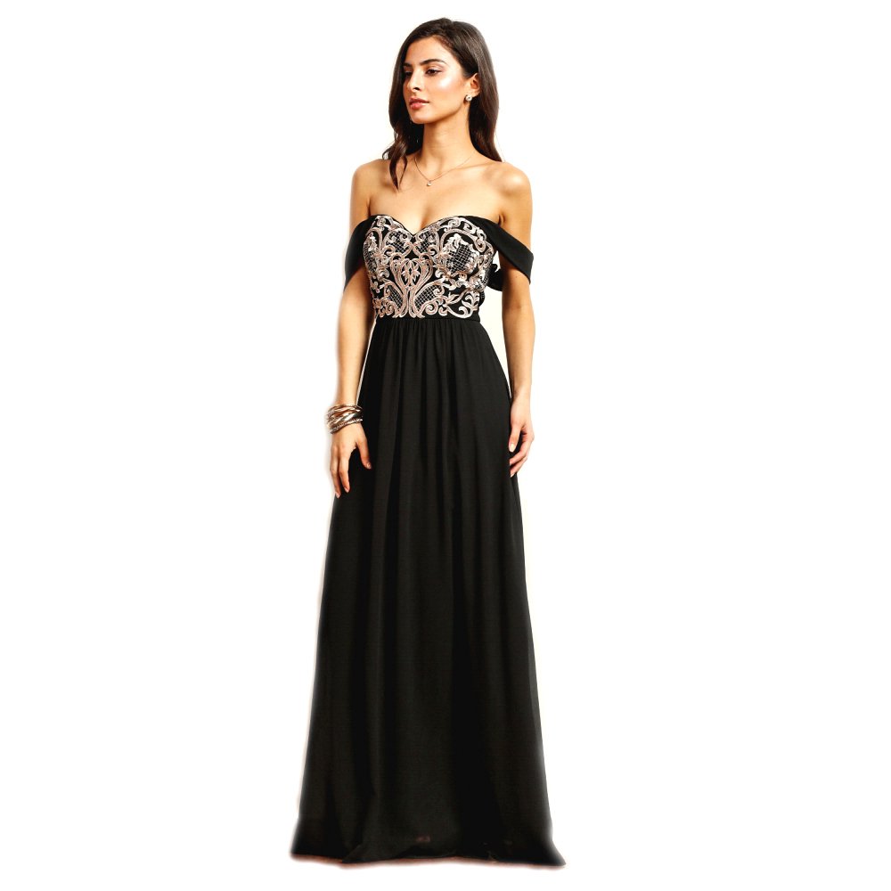 SoiebluBlack with Taupe Embroidered Bodice, Flared Off-The-Shoulder Maxi Dress, Large