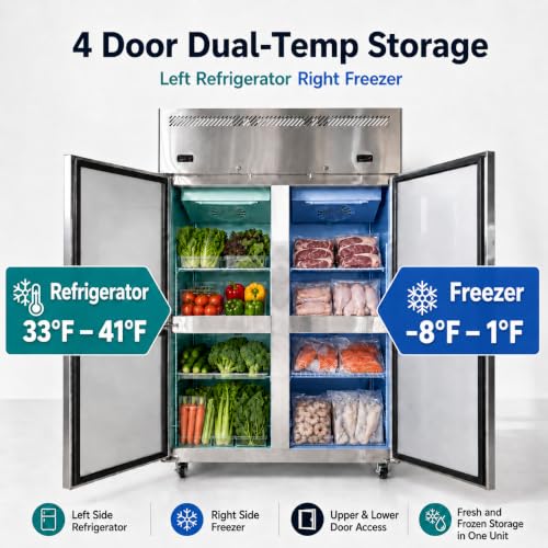 Image of InnerCalm 48 inchW 4 Door Commercial Refrigerator Freezer Combo | 32 Cu.Ft dual zone storage with 6 adjustable shelves, stainless steel body, lockable casters, door locks and auto defrost.