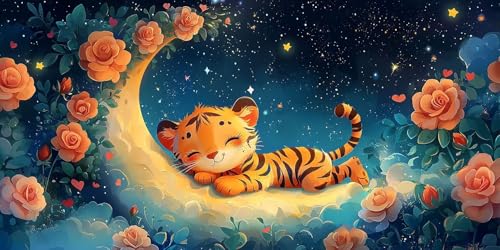 Kit Art Diamant Tigre Lune Cadeau Idéal Créatif, Broderie Diamant Complète Ronde 80x160