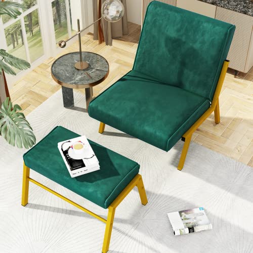 Awqm Velvet Accent Chair With Ottoman,Upholstered Single Sofa Chair With Metal Legs, Modern Living Room Chair Club Chair,Lounge Chair With Footrest,Reading Chair Recliner For Bedroom Office,Green #TOP3