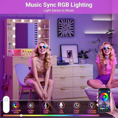Image of Vanity Desk with Mirror and Lights, Fluted Makeup Vanity with 8 Drawers, Storage Shelves, RGB Light and Power Outlet, Bedroom Dessing Table for Women, Girls, Oak,56.7 inch
