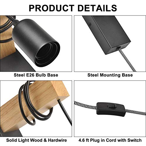 Retro Minimalist Wall Sconce Lamp Plug In Cord, Wooden Beam Hanging Mounted Wall Light Fixture For Bedroom Living Room Bedside Reading, Fit Vintage Industrial Farmhouse Décor, Black(With No Bulb) #TOP4