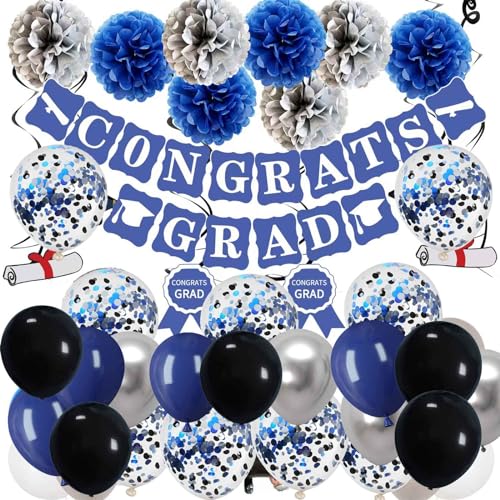 Image of We Moment 12 Inch Black Balloons Navy Blue Balloons 12 Inch Chrome Metallic Silvery Balloon with Confetti Balloons,50pcs,for Baby Shower Boys' Birthday Graduate Black Blue Party Decoration