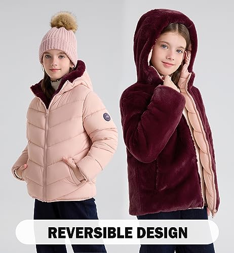 Image of maoo garden Girls Winter Reversible Puffer Jacket Kids Heavyweight Faux-Down Fuzzy Fleece Lined Water-Resistant Coat