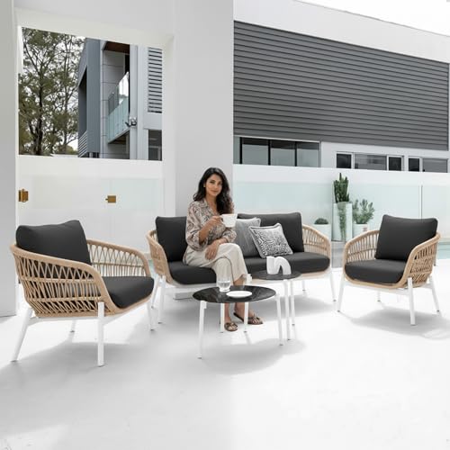 Image of BRISHI Outdoor 4 Seater Sofa Set | Balcony Sofa | Patio Furniture Sets | Conversation Sets | Braid & Rope Garden Sofa Set (Tan-White)