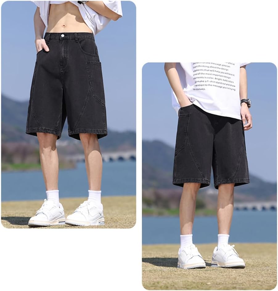 Men's Hiking Cargo Shorts Button Elastic Waist Straight Leg Loose Fit Jean Denim Shorts