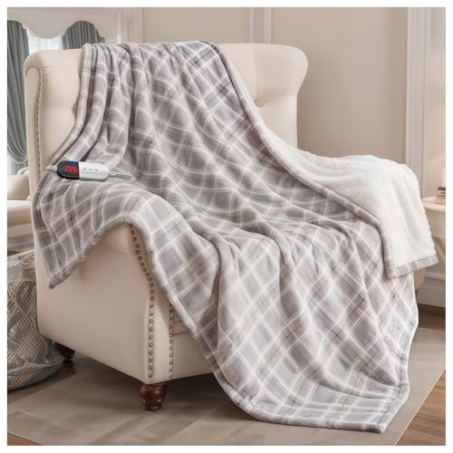 Heated Blanket Electric Throw, 50X60 Heating Throw with 6 Heating Levels & 4 Time Settings, Grey Plaid Washable Warm Soft Flannel Blanket Gift for Couch Bed Office, ETL Certified