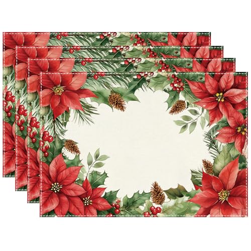 Weihnachten Platzsets 4er Set, Rot Blumen Tischsets Waschbar Leinen...