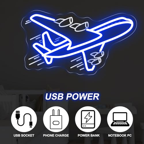 Image of Airplane Neon Sign, Airplane Wall Decor, Air plane Wall Art, Aviation Light Sign, Gift for Kid, Air Plane Wall Decor for Home Bar, 16.5 inchx9.3 inch, Blue