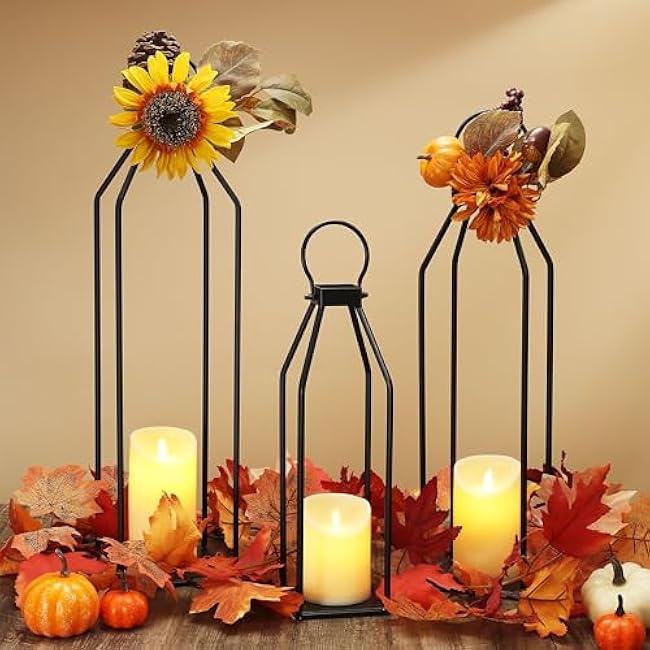 Perfnique Modern Farmhouse Lanterns, Set of 3 Black Metal Lanterns w/ 6hr Timer Flickering Flameless Candles, Decorative for Outdoor Decor, Front Porch, Indoor, Patio, Garden, Fireplace, Christmas