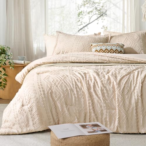 Image of Queen Comforter Set - Bed in a Bag Boho Summer Bed Set, 7 Pieces Soft Fluffy Lightweight Queen Comforter for All Seasons,Gifts for Woman, Farmhouse Shabby Chic Embroidered Bedding