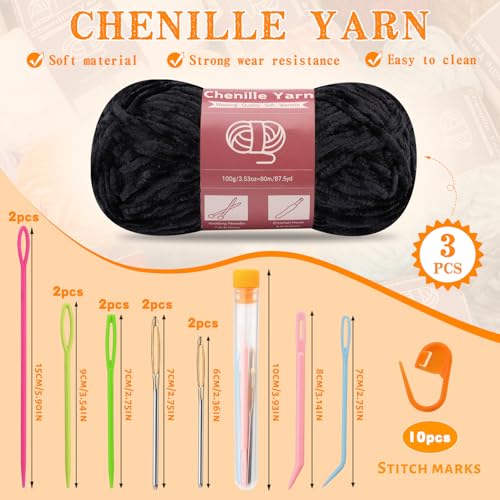 Image of LUNARM Chenille Yarn 3 Pack 3.5oz Chunky Blanket Velvet Yarn 263 Yard | Black Chunky Chenille Yarn for Beginners Crocheting Hand Knitting Scarves with Big Eye Needles Machine Washable