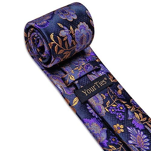 Image of YourTies Silk Paisley Floral Tie and Pocket Square Cufflinks with Lapel Pin Sets for Men 5PC Wedding Party